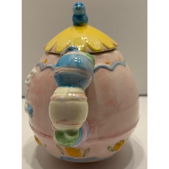Easter Egg Ceramic Pink Teapot Bunnies and Bluebird - Picture 3 of 9
